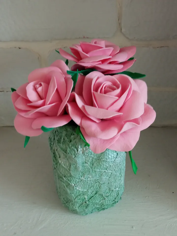 Handmade pink roses from revelour in a vase. Home decor indoor Floral arrangements Gifts for her Mother's day