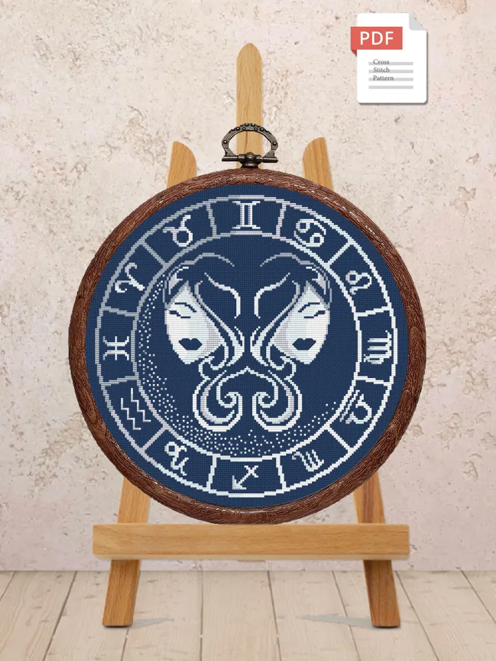 Gemini Silver Cross Stitch Pattern, Zodiac Cross Stitch, Astrology Cross Stitch, Aries Pattern, Zodiac Sign Cross Stitch, Gemini #zdc016