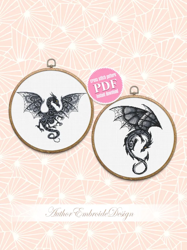 Dragon set cross stitch pattern download PDF Fantasy animal cross stitch chart, Dragon embroidery PDF, Blackwork patterns, Dragon art #D13