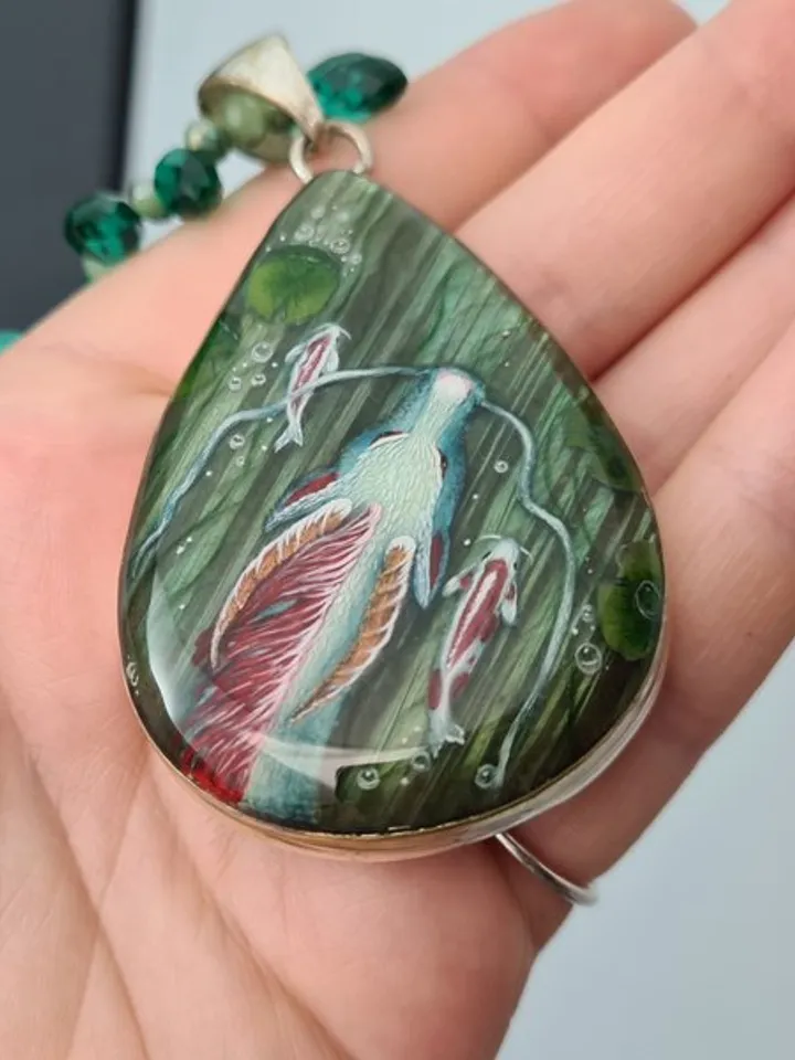 Dragon necklace with koi Miniature painting Labradorite pendant Witchy necklace