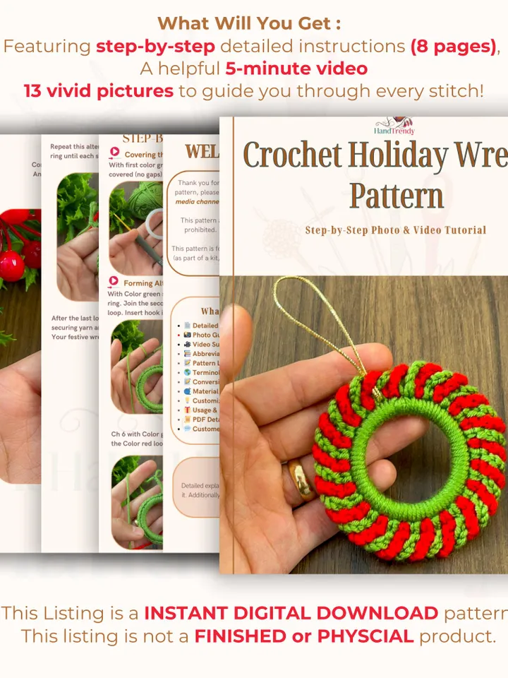 Crochet Holiday Wreath Pattern, DIY Red Green Christmas Ornament PDF, Handmade Festive Décor Tutorial, Beginner Crochet Project