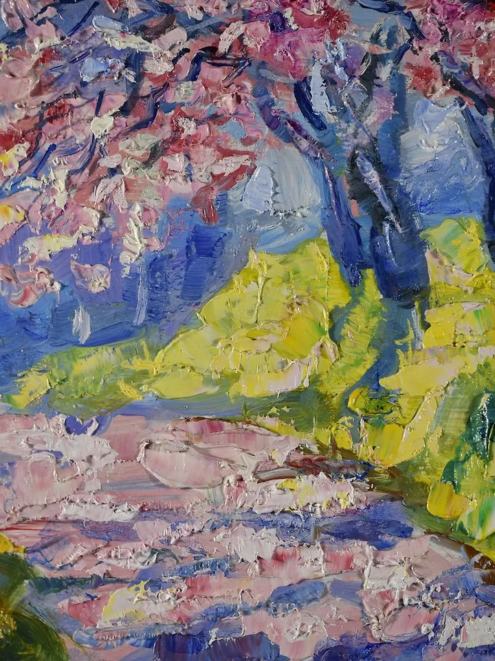 Cherry Blossoms Painting Spring Landscape Original Art Park Alley