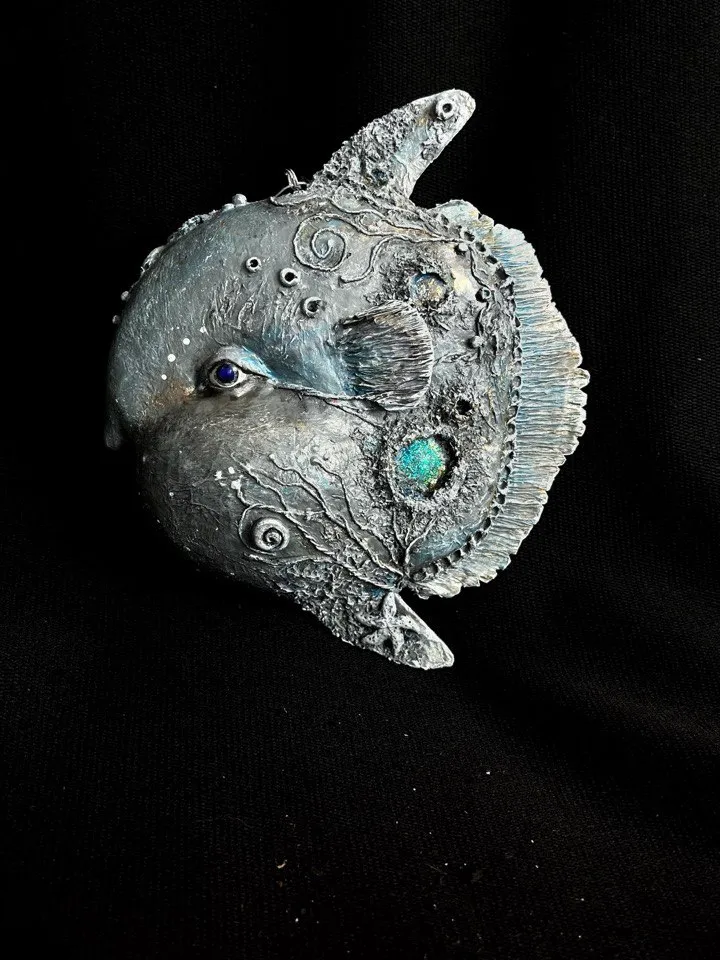 Suspended papier-mâché figurine Fish Moon. Art sculpture from papier-mache - series “Sea”. Unique interior decor handmade. Unusual interior pendant for your collection.