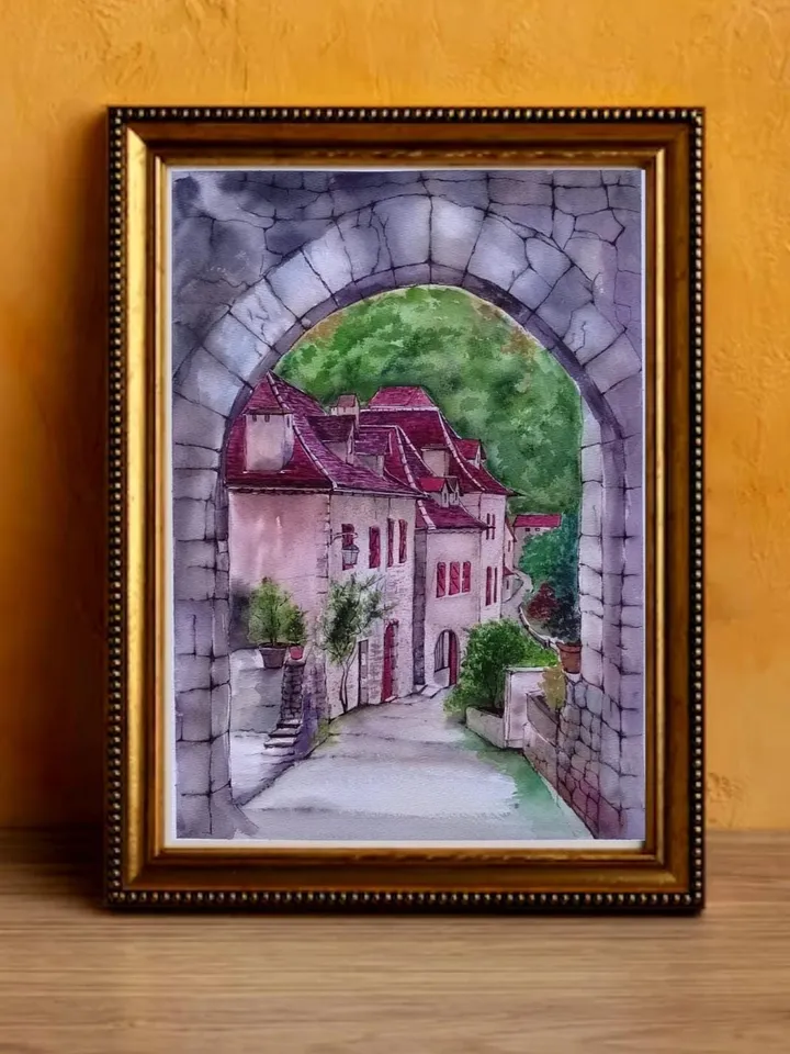 Saint-Cirq Lapopie Original Artwork Old French Village Watercolor Painting 11.81x15.74 in by Art Café
