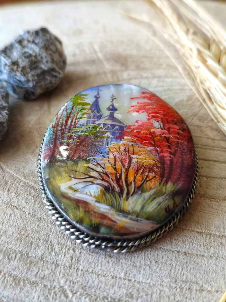 Brooches for women: Village Church in fall season Forest painted on aesthetic brooch • Dainty handmade jewelry • gorgeous pin for dress