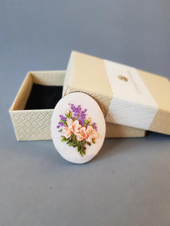 Ribbon embroidered brooch for her, hand embroidery jewelry, art.35