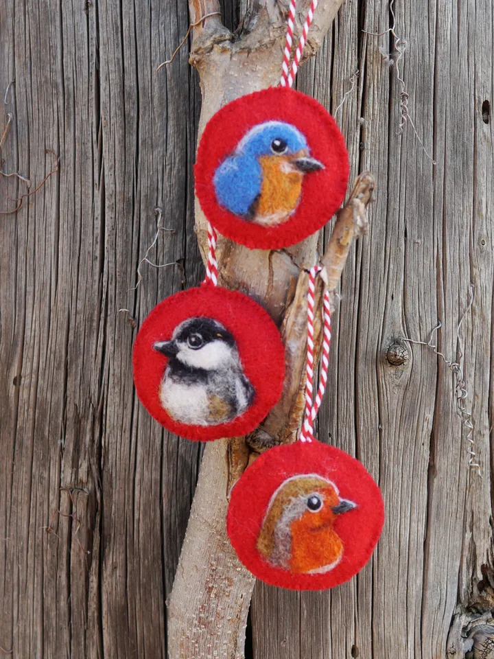 Set of 3 birds Christmas ornament, robin needle felted ornament, bluebird ornament, ships from the USA