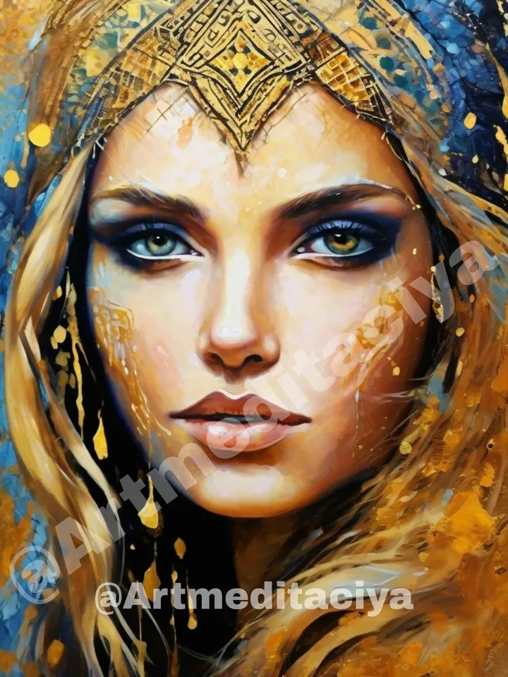Modern digital painting "A girl of European appearance with blue-green eyes in a golden ethnic headband" on an abstract blue-blue background with golden drops, made in the style of oil painting