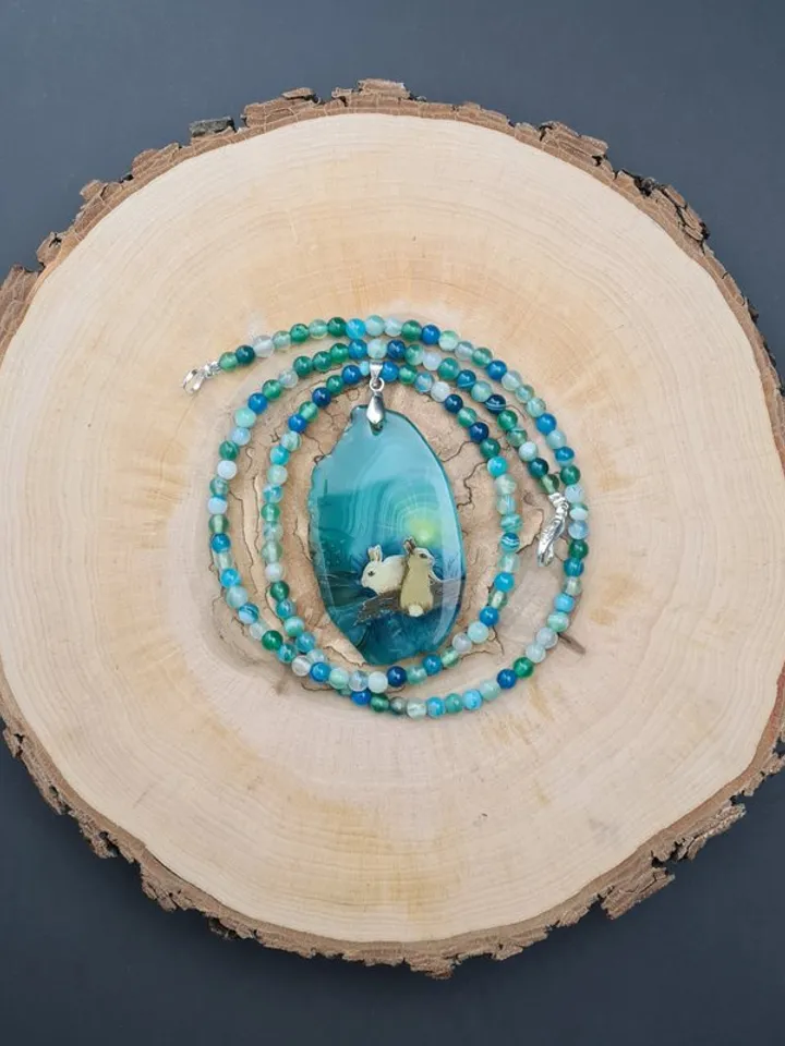 Necklace with two baby rabbit or hare Oil painting on green Agate pendant stone