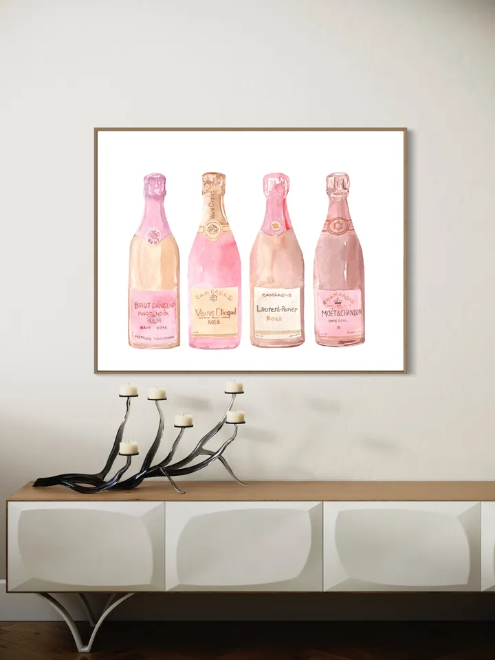 Bar Cart, Pink Champagne Bottle Watercolor Painting Print, Art Bar Cart Print, Pink Champagne Print, Drink Wall Art, Champagne Lover Gift