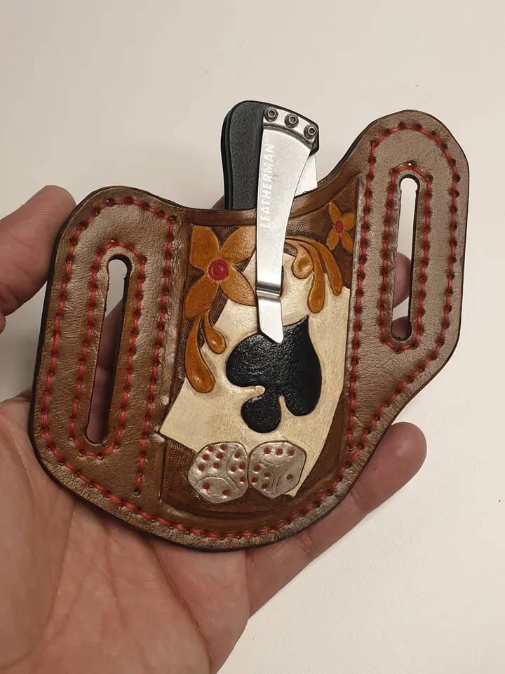 Pancake sheath, Buck 110, leather case, hand tooled, leather painted, Leather Pancake style sheath, folding knife, unique sheath