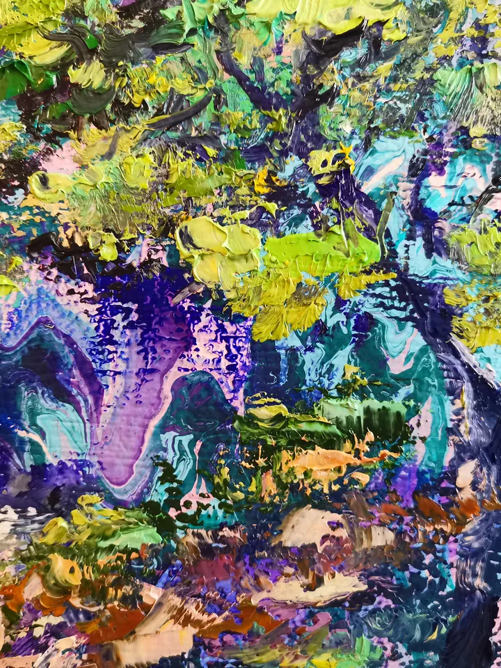 Pine Mountains River Impasto Painting Original Fine Art Artist Svinar Oksana