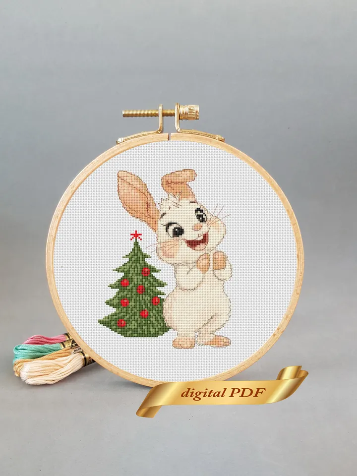 Christmas bunny cross stitch pattern pdf, Rabbit embroidery DIY