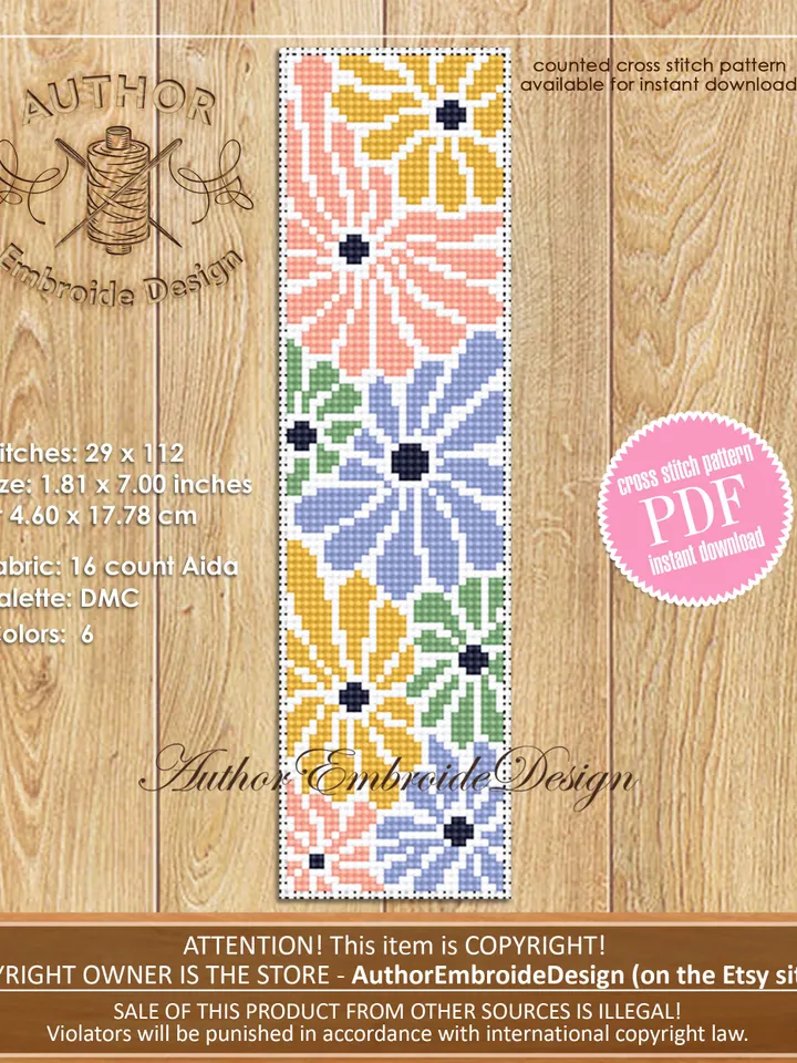 Abstract flowers bookmark set cross stitch pattern PDF download Bookmark pattern digital PDF, Cross stitch chart, Book lover gift #B307