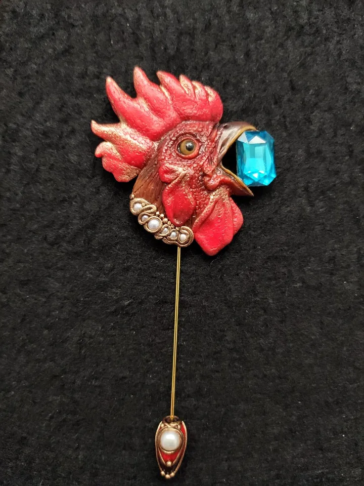 Brooch Rooster. Original handmade brooch with precious stones and pearls.