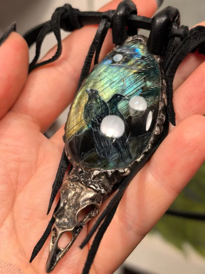 Raven necklace Crow Viking necklace Labradorite gemstone