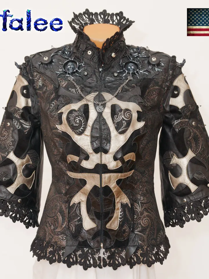 Real leather Jacket short sleeves aristocratic style silver-black color/ Exclusive handmade clothes by Sofalee