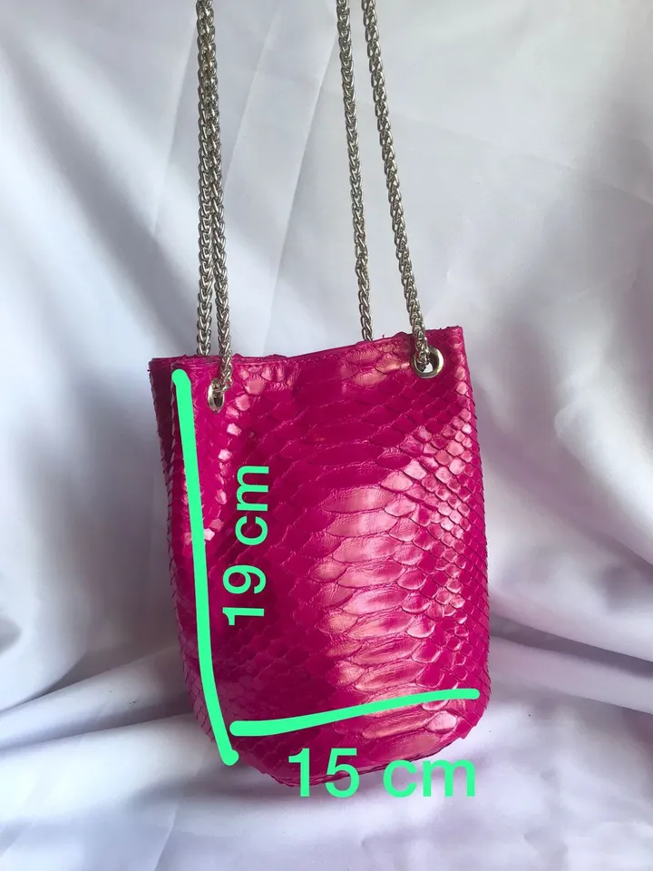 Genuine python skin bucket fuchsia chain bag / designer women purse / bright soft bag / exotic leather bags free shipping | gift for her