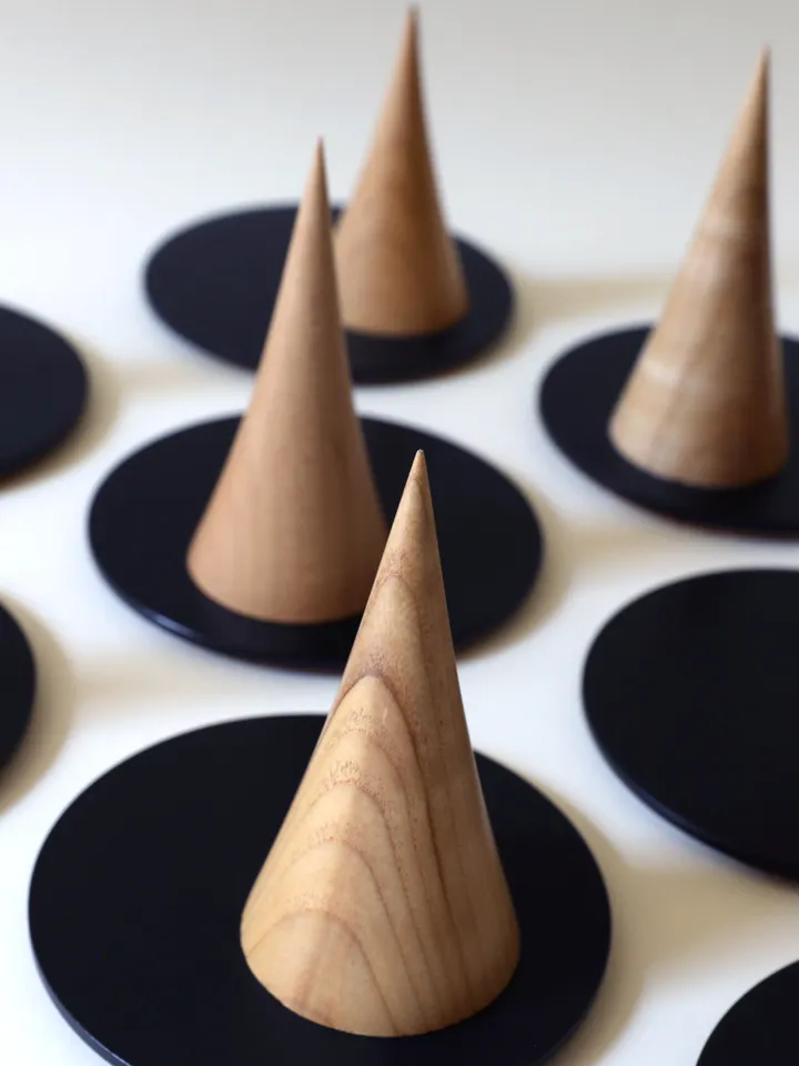 Modern Ring Stand - Turned wooden ring cone, powder coated steel dish with cork bottom