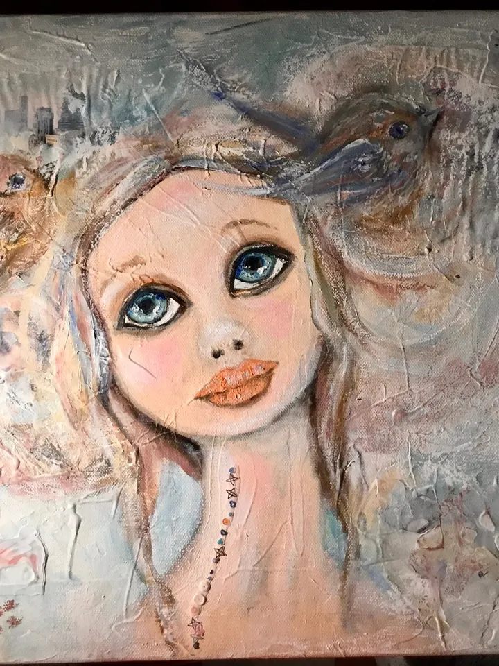 Lucky dreamer- mix media doll and birds painting on stretched canvas,original painting,one of a kind.