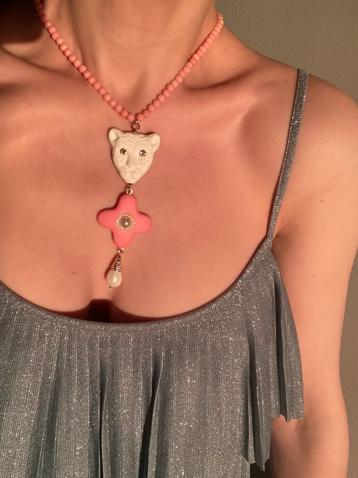 Necklace English porcelain pink flower