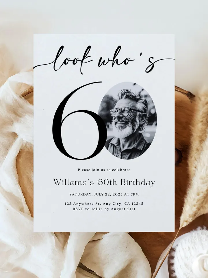 Look Who's 60 Funny Birthday Invitation, 60th Invitation with photo, 60th Birthday Invitation for Men, Simple 60th Invite, Male 60th Invites