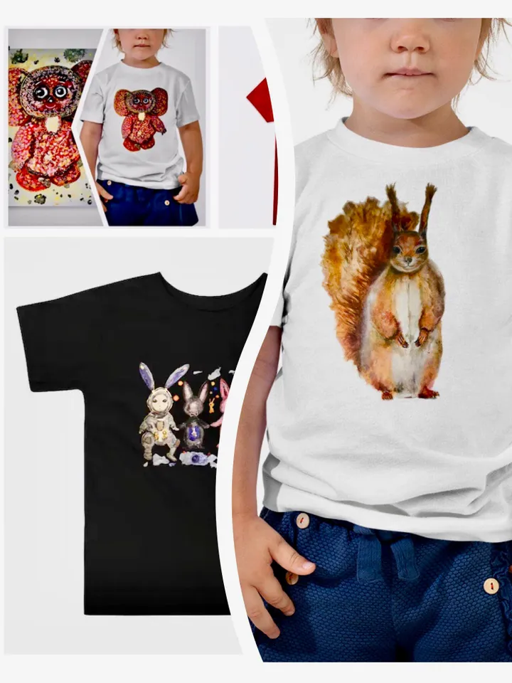Squirrel Toddler Short Sleeve Tee ,made with my original squirrel watercolor painting,unique handmade gift for children