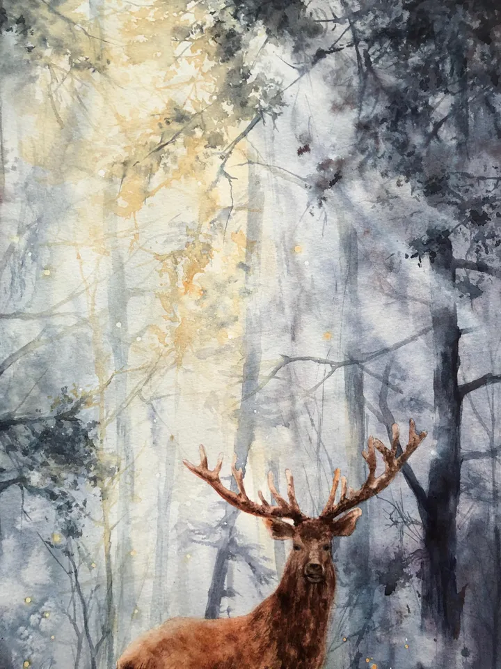 Forest Original Painting Sunset Watercolor Landscape Deer Wall Art