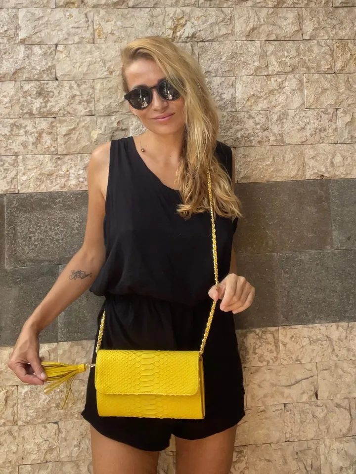Genuine python skin classy yellow flat clutch with shoulder chain | elegant evening women purse | designer leather bags | small snake bag