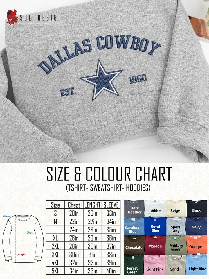 NFL Dallas Cowboys Est 1960 Embroidered Sweatshirt, NFL Dallas Cowboys Team Embroidered Shirt, Unisex Game Day Crewneck, Football Fan Gift Tee