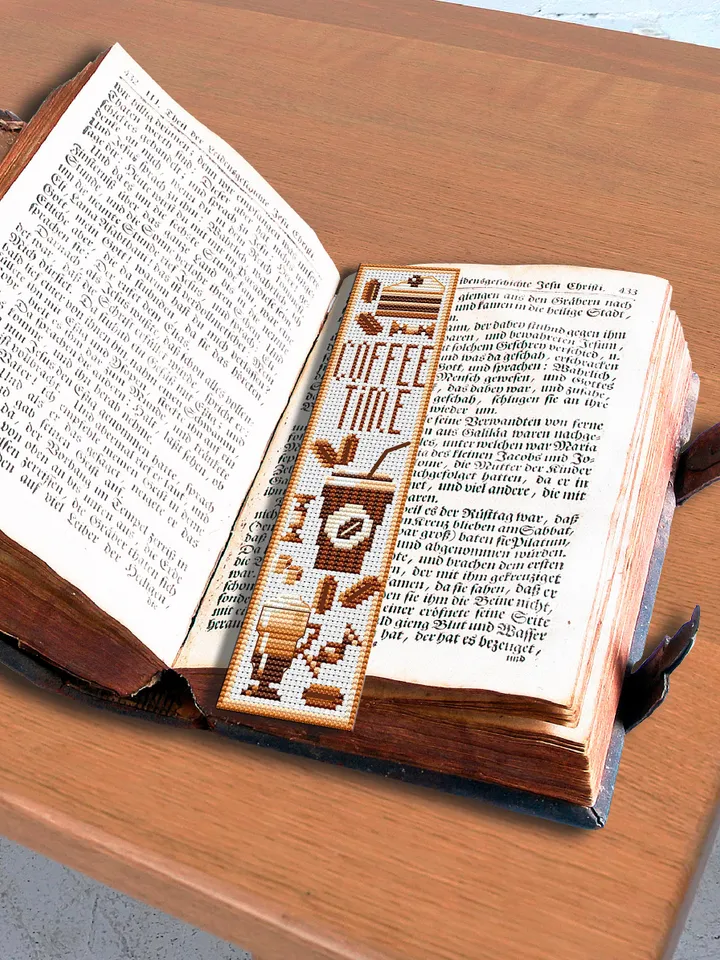 Bookmark coffee time cross stitch pattern digital PDF Handmade bookmark embroidery beginners Instant download Gift for book lover #B3