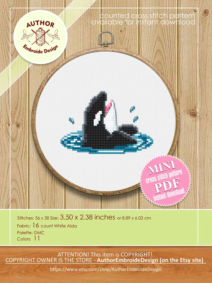 Killer whale cross stitch pattern PDF Set of 3 orca whale patterns instant download, Small cross stitch chart, Sea animals embroidery #K18