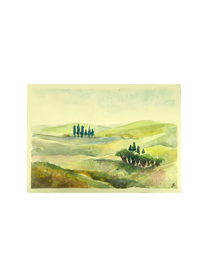 Tuscany Hills Sultry Summer Landscape 5,9 x 8,3 inches ORIGINAL Watercolor Painting yellow Small Art Signed by artist Marina Chuchko