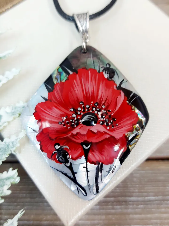 Pearl pendant necklace: Big red poppy flower on handmade necklace • Hand painted statement jewelry for dress • unique trendy floral necklace