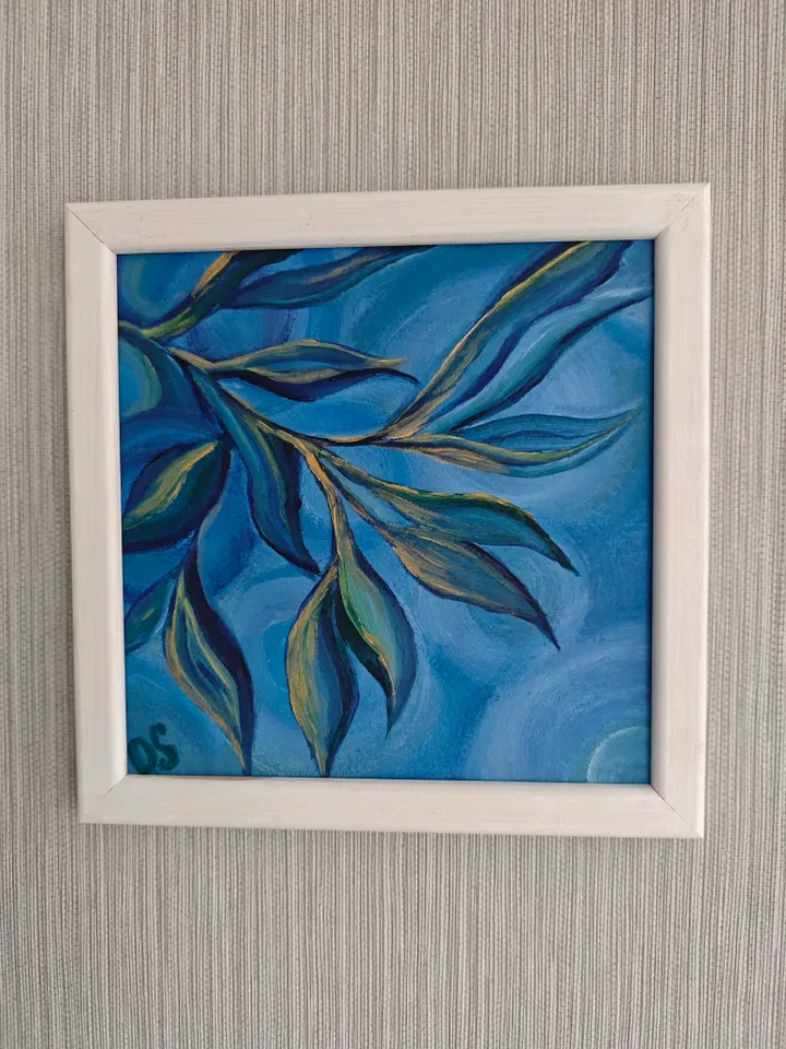 Floral Original Painting Floral Blue Abstract Original Art Blue Leaves Modern Artwork Abstract Blue Floral Oil Painting 8 x 8 inches by OlgaSokolovaArt