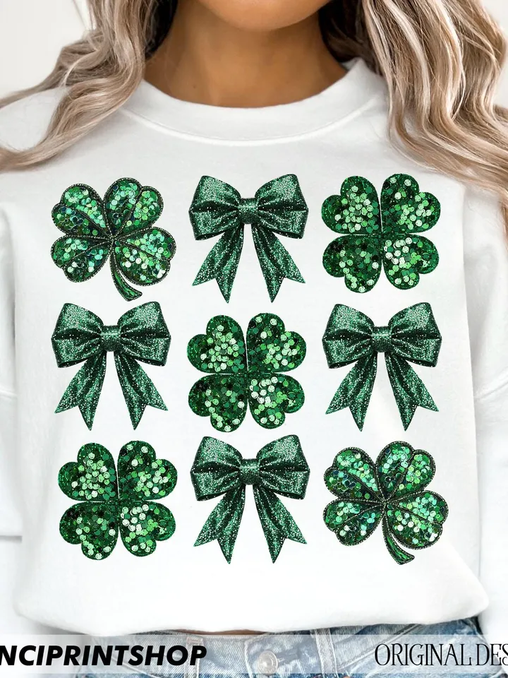 Faux Sequins St. Patrick's Day png, Green St.Patrick’s Day PNG, Sparkly Clover PNG 4 Leaf Clover, St.Patrick’s Bow, Shamrock shirt design