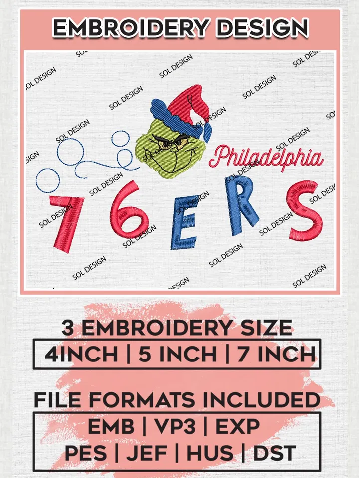Grinch Philadelphia 76ers Embroidery Designs, Grinch Christmas Embroidery Files, NBA Philadelphia 76ers Machine Embroidery Designs, NBA 76ers Logo, NBA Christmas Machine Embroidery Design, Digital Download