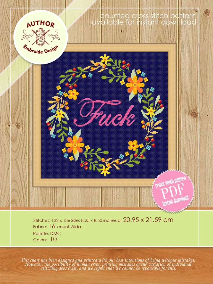 Fuck Flower wreath cross stitch pattern download PDF Floral framed quote cross stitch, Funny adult cross stitch chart, DIY home decor #Q11