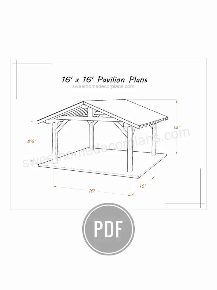 Diy 16 x 16 gable pavilion plans pdf. Carport plans. Square outdoor covered gazebo plans. Diy backyard timber frame plans for outdoor. Garage plans