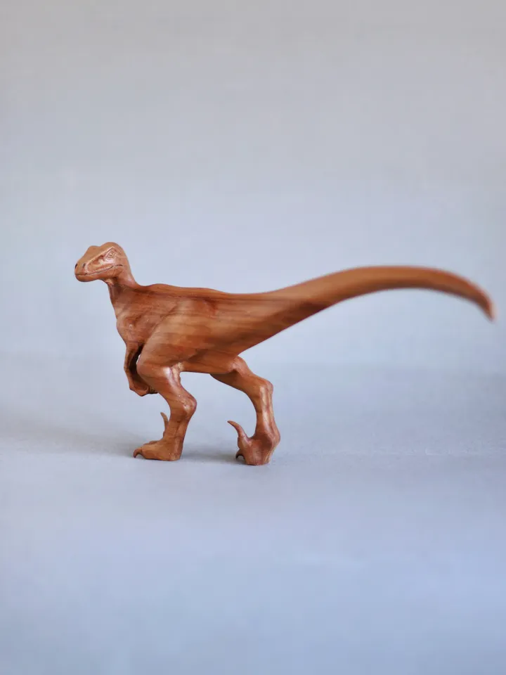 Wooden dinosaur Velociraptor, wooden hand carved sculpture