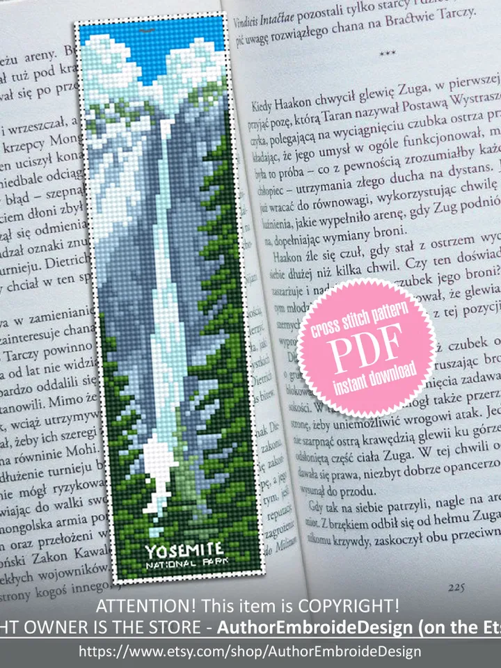 Yosemite National park bookmark cross stitch pattern PDF download Nature cross stitch chart, Digital bookmark pattern PDF, Waterfall #B170