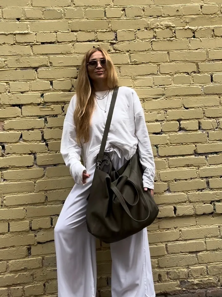 Genuine leather khaki green oversize tote shopper triple handle big bag / everyday purse / handmade bags / designer bags / summer bag /