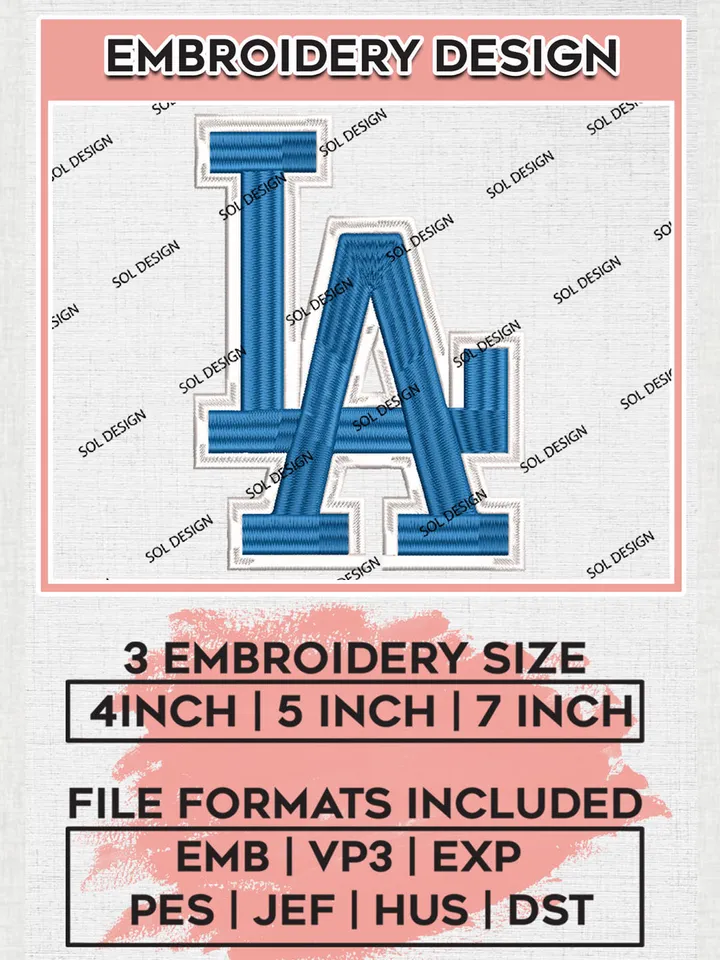 MLB LA Dodgers Logo Embroidery Files, MLB Los Angeles Dodgers Team Embroidery, MLB Teams, 3 sizes, MLB Machine embroidery designs, Digital Download