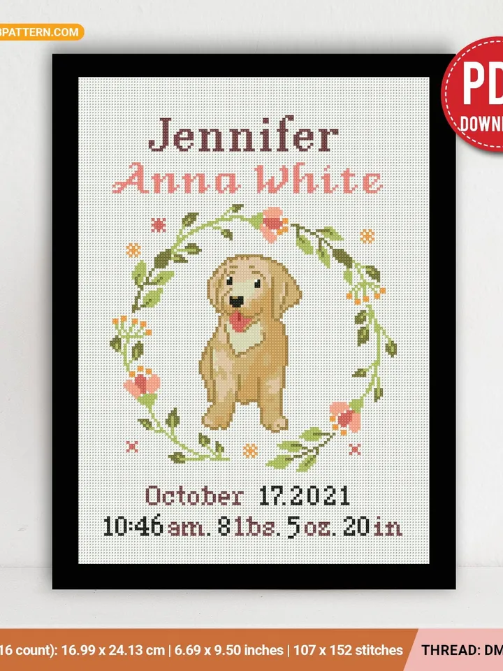 Dog Baby Birth announcement cross stitch pattern, baby, personalized, boy girl nursery decor,  chart, gift DIY, embroidery, instant PDF