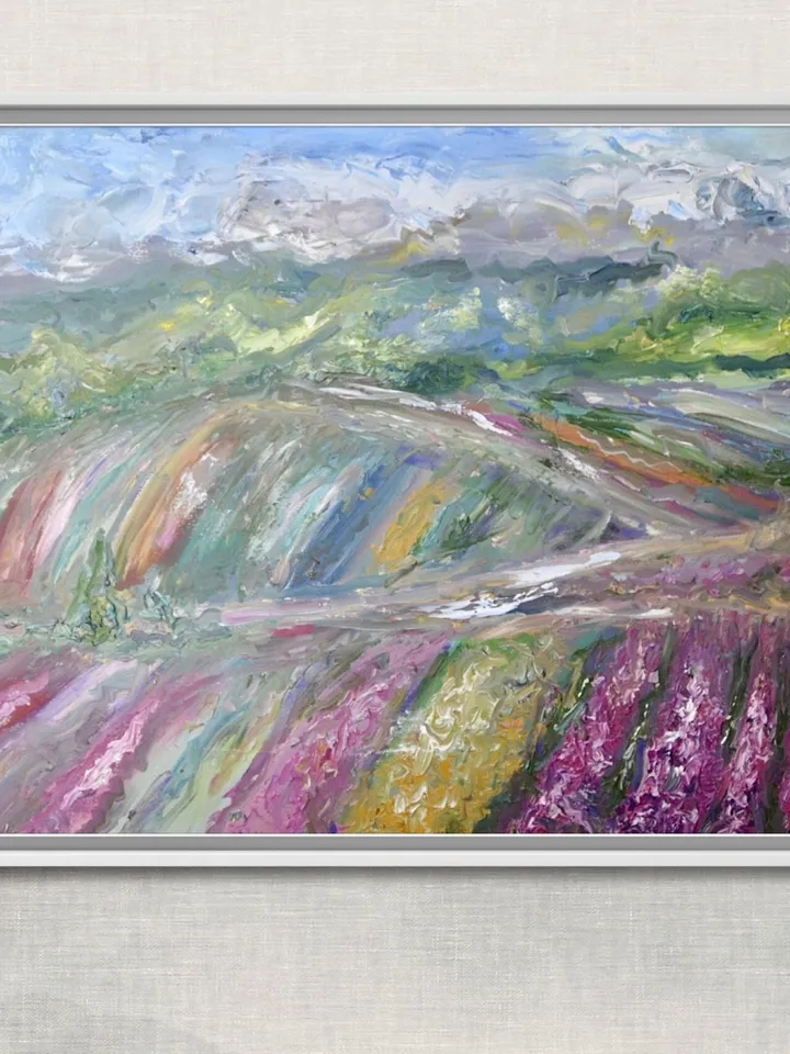 Japanese fields large canvas ,original oil landscape painting,,meadows,mountains,coloured fields painting,50/70 sm canvas wall art.