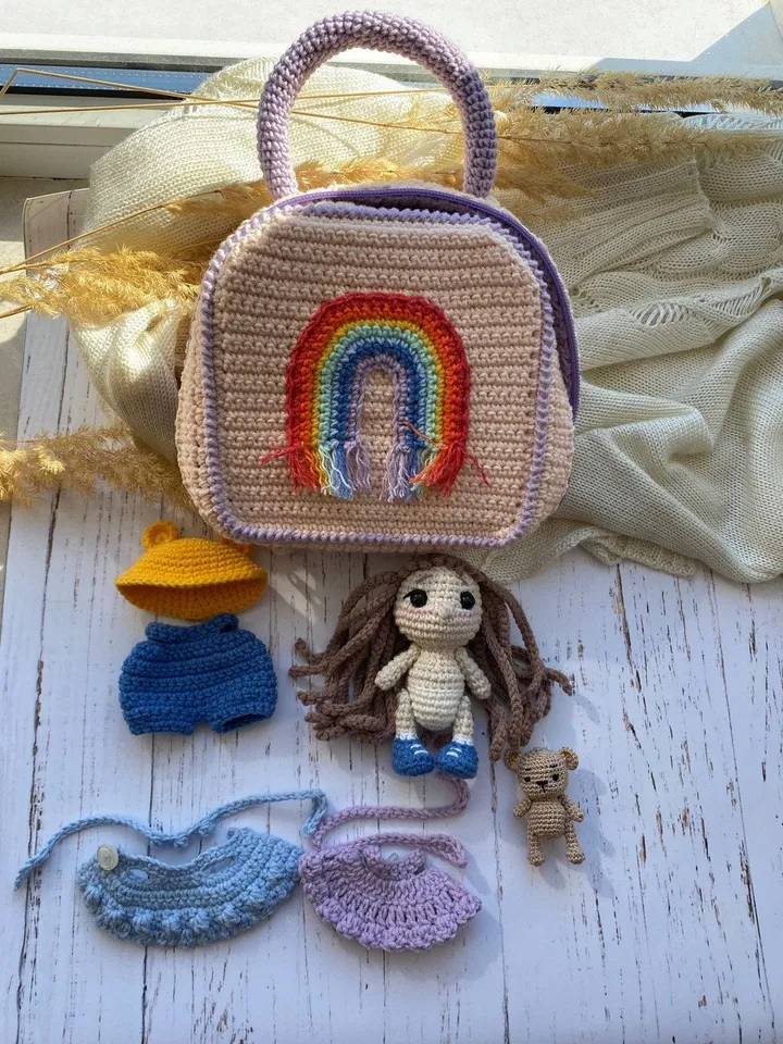 PDF pattern Doll in a Rainbow, Amigurumi pattern crocheted doll with hair, Amigurumi Rainbow Pattern, Crochet Teddy Bear Pattern