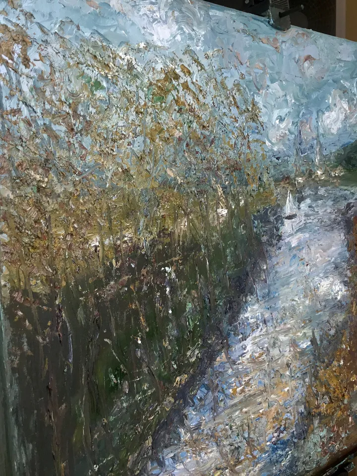 Semi-Abstract landscape painting on canvas,original oil painting,river,trees,mountains,abstract wall art,home decoration