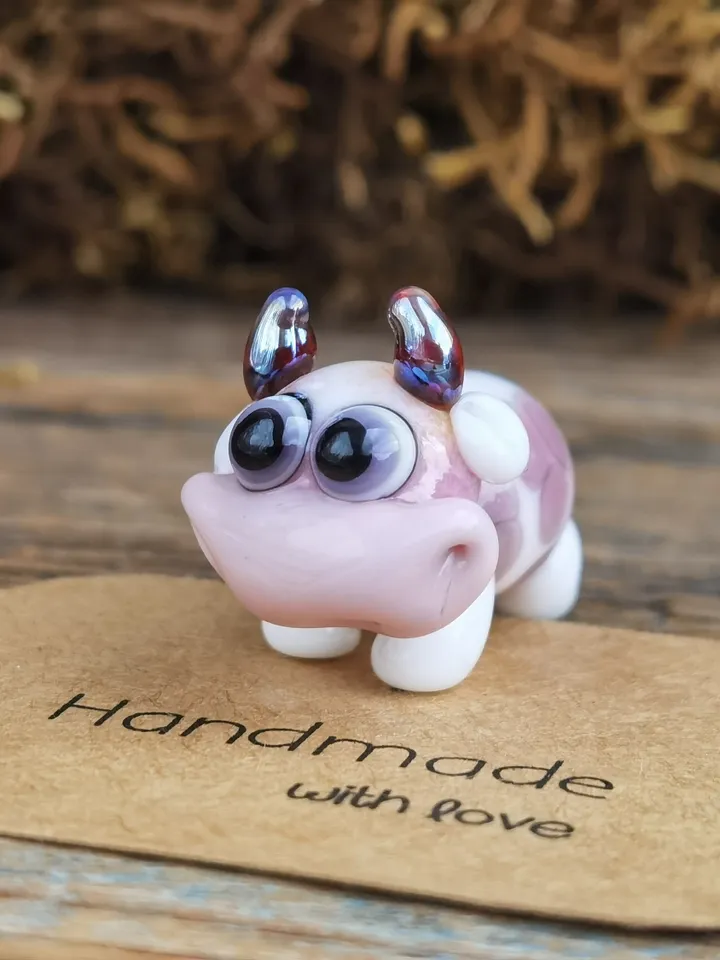 GLASS FIGURINES Cow figurine Glass cow Miniature cow tiny cow Tiny glass animals Farm animals Strawberry Dollhouse miniature Blown