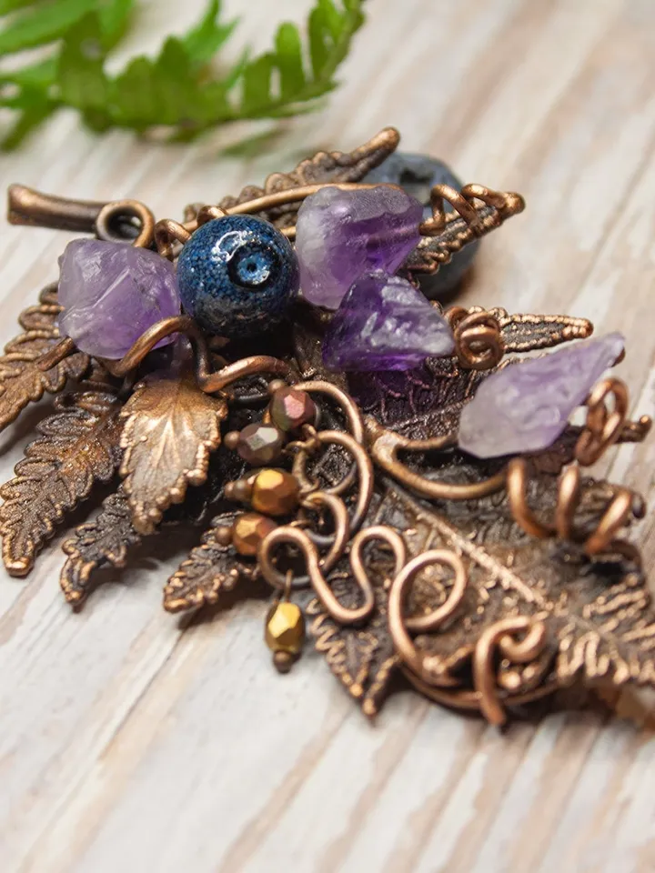 Copper handmade fern leaf brooch, amethyst buds, blueberry beads, nature jewelry, forest bunch, great gift for her, electroforming