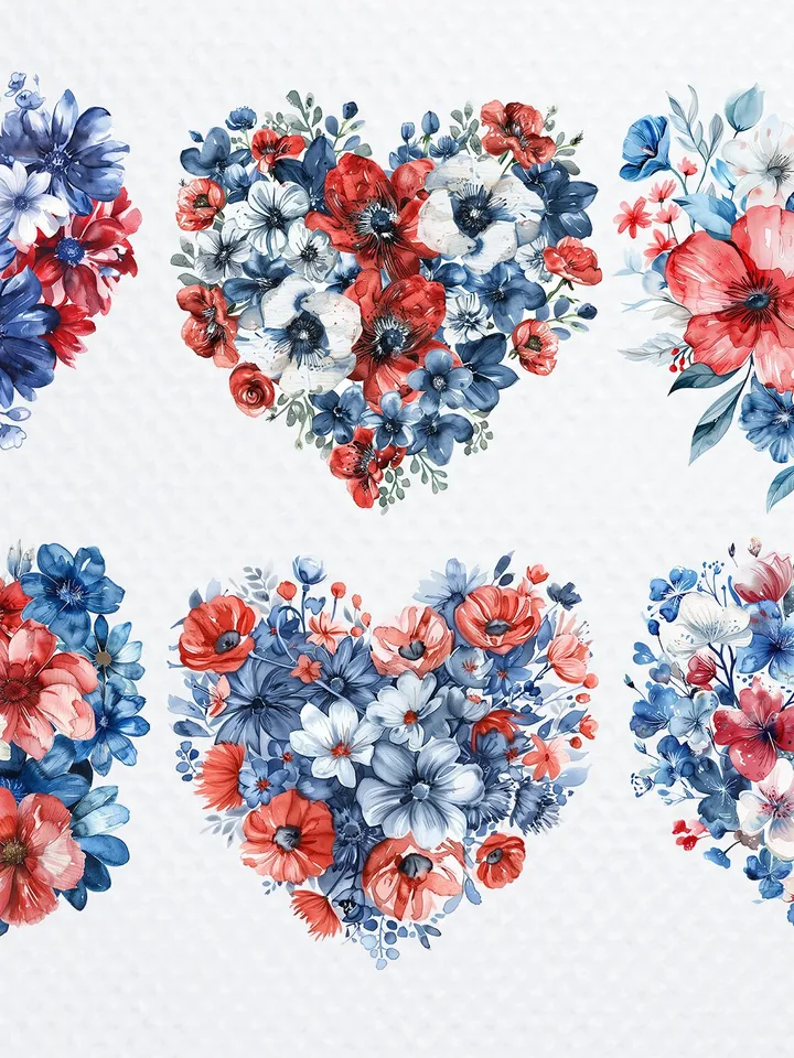 22 Patriotic bouquets PNG Bundle, Printable Watercolor American USA Bouquet for sublimation, 4th of july clipart, Paper craft, junk journal
